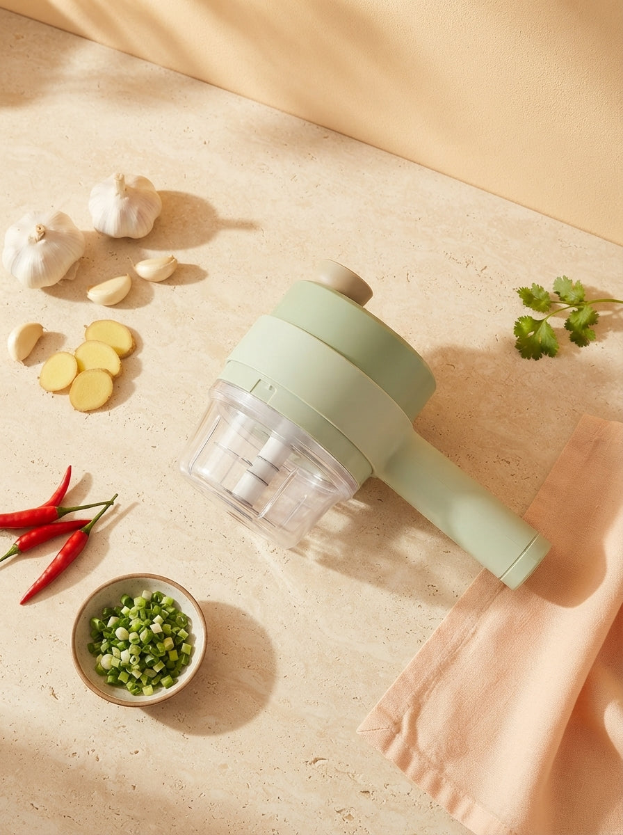 A handheld electric vegetable chopper surrounded by fresh ingredients on a warm cream stone surface.